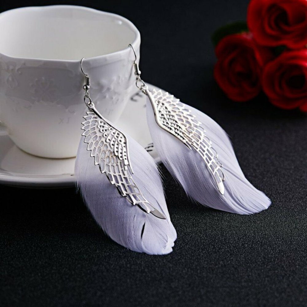 Boho White Feather Angel Wings Tassel Dream Catcher Earrings Hook Women - Picture 3 of 7